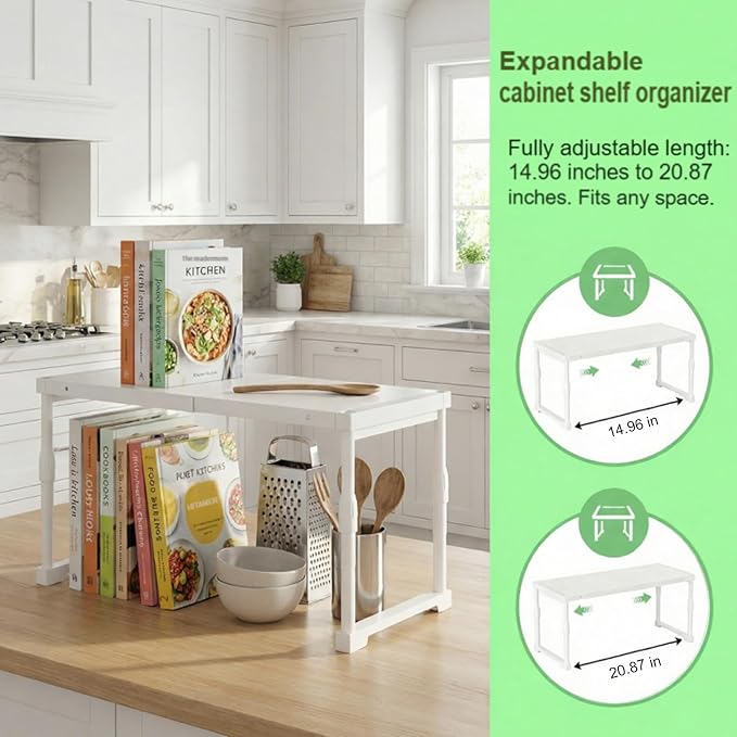 Expandable Cabinet Shelf Organizer，Adjustable Kitchen Counter Shelf,Multi-Functional Stackable Kitchen Pantry Counter Storage，Applicable to Kitchen Bathroom Cabinet Shelves White 1 Pack