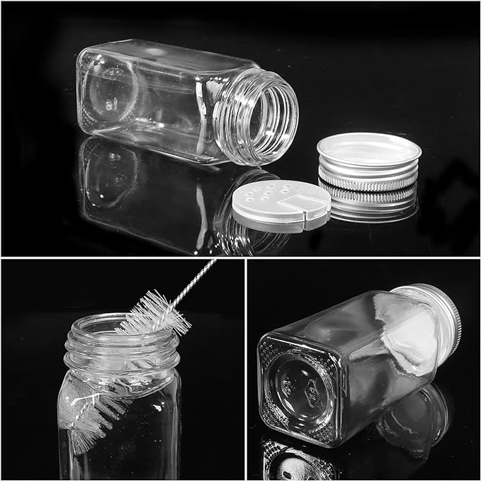 CycleMore 48 Pack 4oz Glass Spice Jars with Metal Caps and Shaker Lid | Airtight, Lead-Free, BPA Free Square Spice Containers - 80pcs Black Labels,1pcs Silicone Collapsible Funnel and 2 Brushes