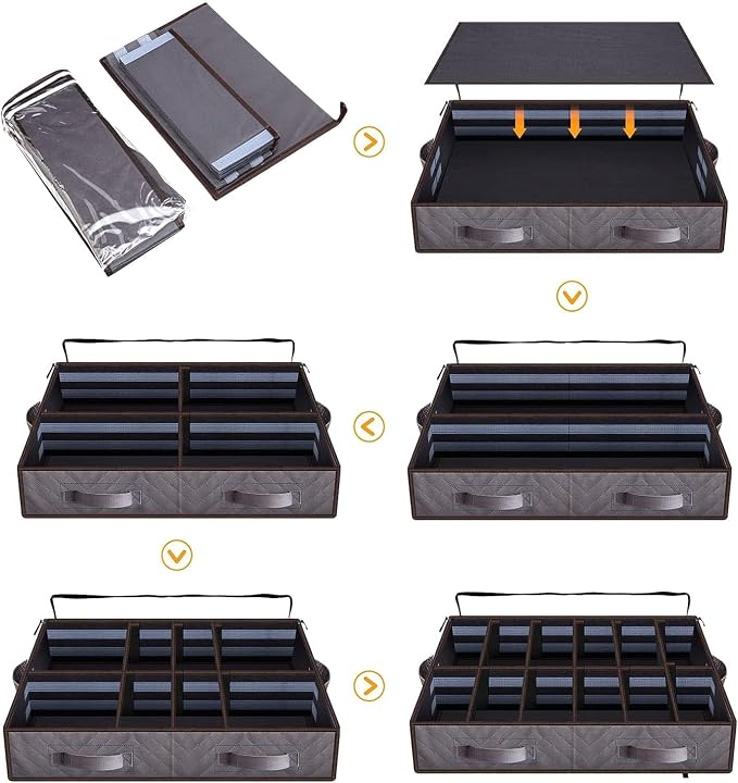 Under Bed Shoe Storage Organizer, Set of 2, Sturdy Structure, Adjustable Dividers, Reinforced Handle, Sturdy Zipper, Underbed Storage Solution with Clear Window, Breathable, Gray
