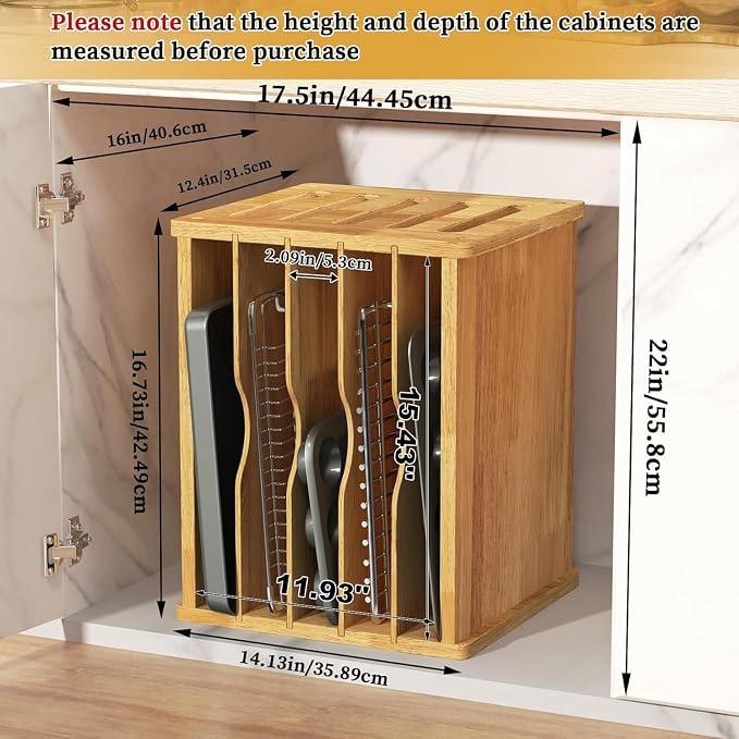 6 Tier Rubber Wood Tray Dividers for Cabinets, Heavy Weight Kitchen Vertical Tray Divider Organizer, Storing pans, Baking trays, Cutting Board(16.73" W x 14.13" H x 12.4" D)