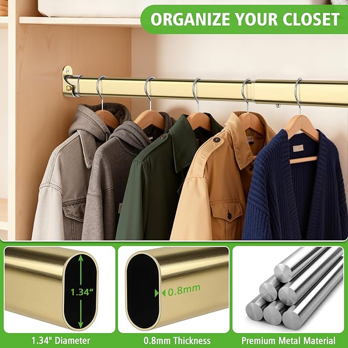 Oval Closet Rod for Hanging Clothes 18.2 to 31 Inch, Includes End Supports, Adjustable Wardrobe Tube, Heavy Duty Extendable Closet Pole, Carbon Steel, Gold