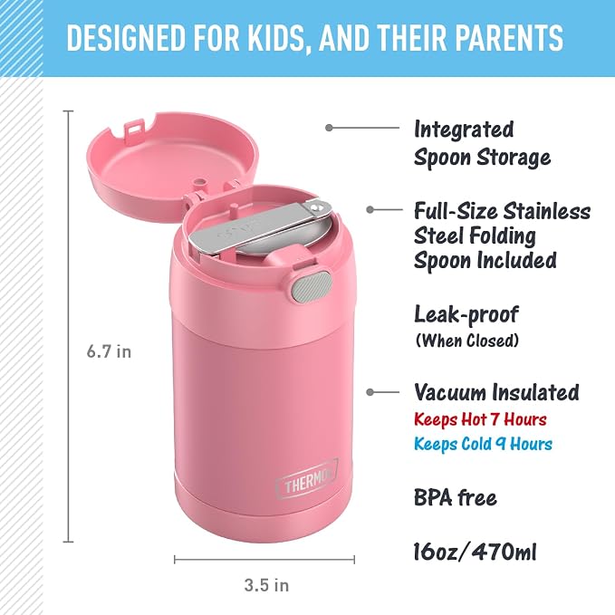 THERMOS FUNTAINER 16 Ounce Stainless Steel Vacuum Insulated Food Jar with Spoon, Pink