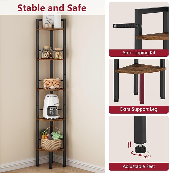 Tajsoon Narrow Corner Shelf Stand 5 Tier 60.5" Industrial Corner Ladder Shelves with Metal Frame, Multipurpose Tall Corner Bookshelf Bedroom, Living Room, Office, Kitchen, Rustic Brown