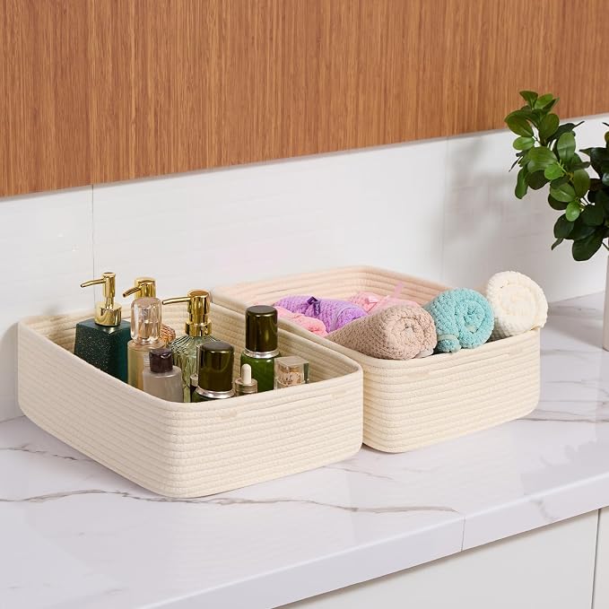 MiniArk Large Shallow Organizing Baskets 15x11x5.1 Inches - Rope Woven Storage Bins for Bathroom, Shelves, Cube Closet, Beige 4 Packs