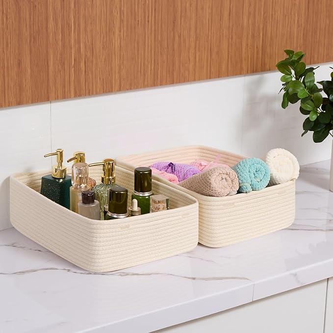 MiniArk Large Shallow Organizing Baskets 15x11x5.1 Inches - Rope Woven Storage Bins for Bathroom, Shelves, Cube Closet, Beige 3 Packs