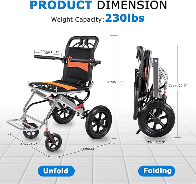 Ultra Lightweight Foldable Wheelchair, Only 19.8 lbs, Airline Approved, 300 lbs Capacity, One-Second Fold, All-Terrain Wheels, Compact Transport Chair for Adults Seniors (Black-Orange)