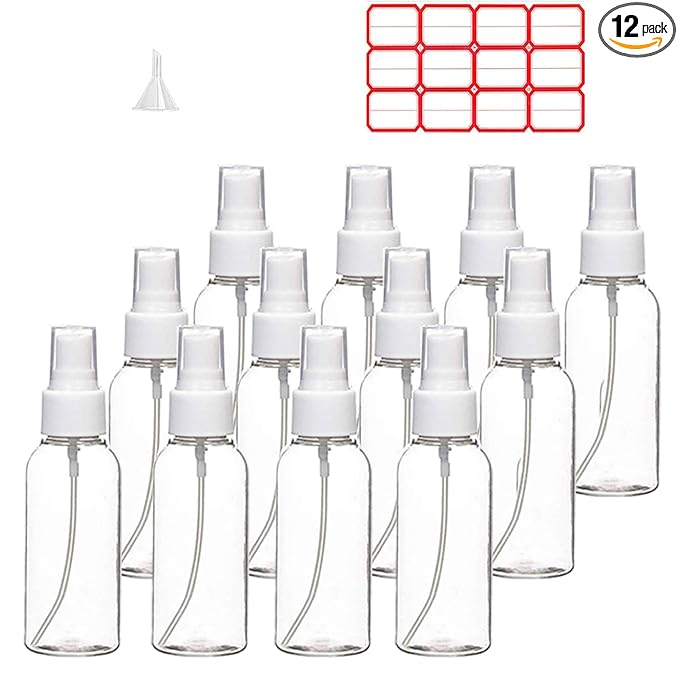 Spray Bottles, 12 Pack 4oz 120ml Clear Empty Fine Mist Plastic Mini Travel Bottle Set, Small Refillable Liquid Containers, 4 Ounce