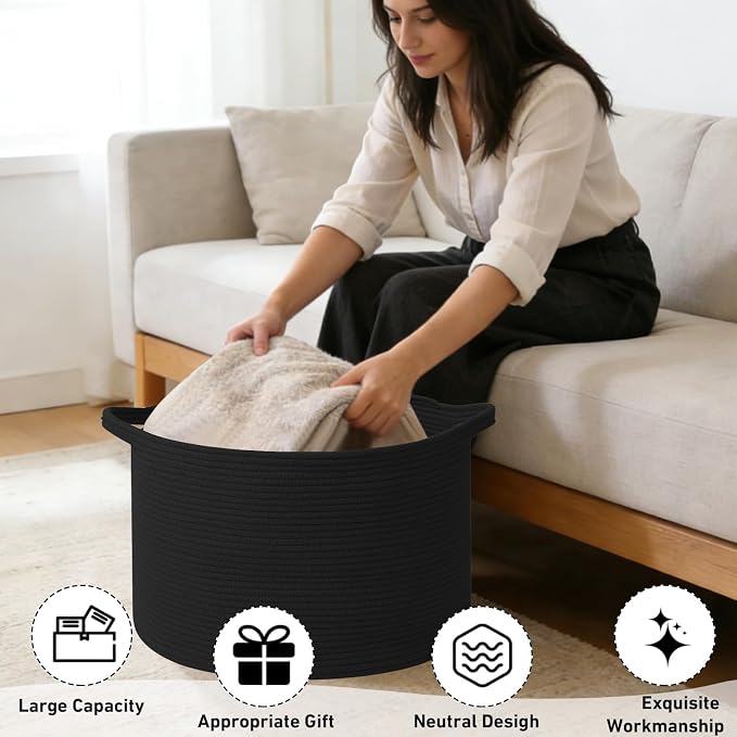 115L Extra Large Blanket Basket,Woven Rope Laundry Basket Hamper with Handles, Decorative Nursery Basket Storage Bin for Toys, Clothes Organizer, Living Room, Bedroom, Bathroom, Black