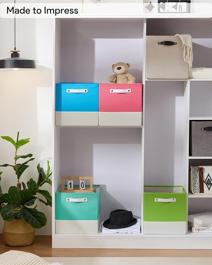 Cube Storage Bins | 10.5"x10.5"x11", Macaron & White, 6 Pack | Multi-Size | 2X Thick Support Board | Vegan Leather Handles | 7.7 oz/yd² Fabric | 11"x11" Drawer Insert Basket