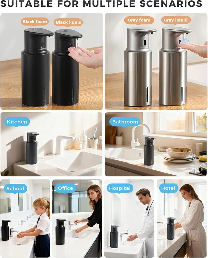 Automatic Liquid Soap Dispenser Touchless, 304 Stainless Steel Bottle Body | 16.2oz/480ml Rechargeable, 3 Adjustable Liquid Levels, IPX7 Waterproof, for Kitchen Bathroom, Black