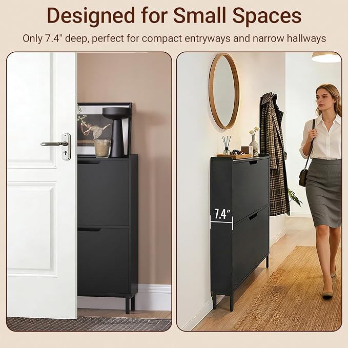 Haotian Slim Shoe Cabinet Entryway | Hidden Shoe Storage with Two Flip Drawers to Save Space, Freestanding Shoe Rack for Front Door, Entryway, Hallway (Black)