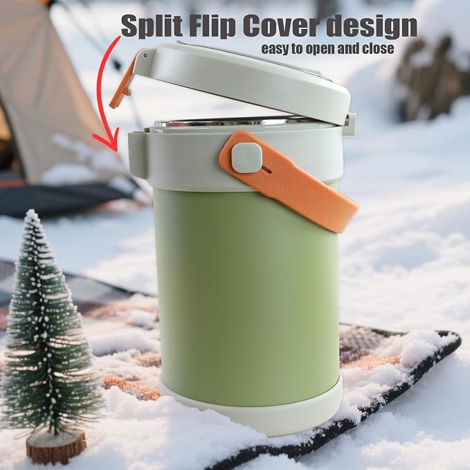 67oz/2L Thermo for Hot Food, 304 Stainless Vacuum Insulated Soup Thermo, Leakproof Thermal Lunch Box with 3 Stackable Bento Boxes & Leakproof Sauce Cups for Adults Office Travel Camping - Green