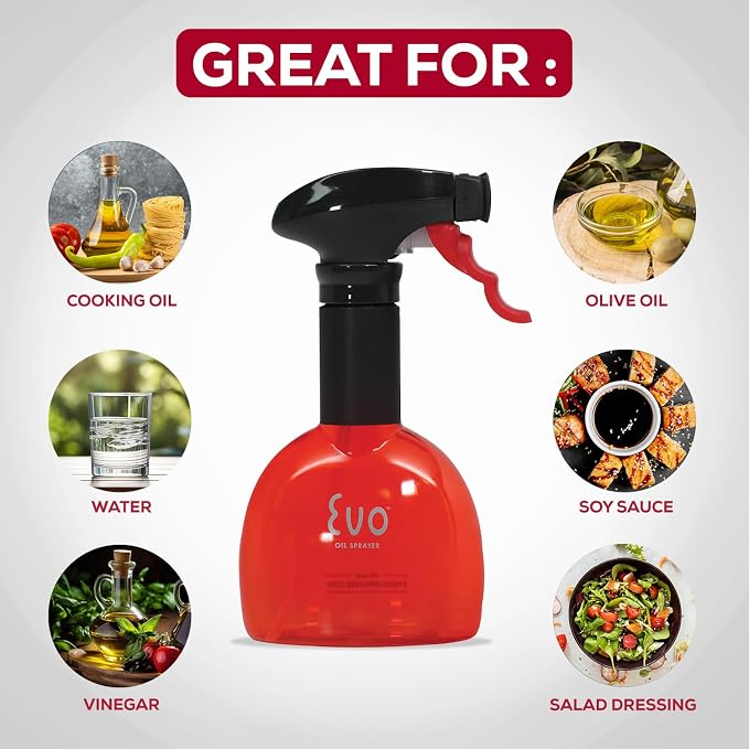 Evo Oil Sprayer Minis, Non-Aerosol for Olive, Cooking Oils, and Vinegars, Red, 8-Ounce Capacity, Set of 2 | Set of Two 8 Oz Non-Aerosol Sprayers, Fan-Shaped 1/4 Tsp per Pull, Rotating Nozzle, Ergonomic Trigger
