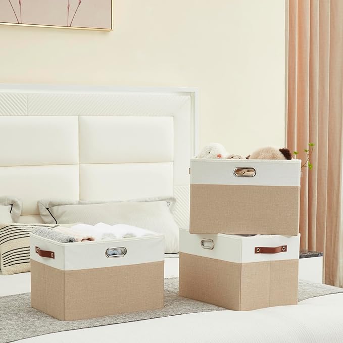 Bagnizer Large Collapsible Fabric Storage Bins with 3 Handles, Foldable Organizer Baskets for Closet, Shelves, Living Room | 3 Pack, Durable PU & Metal Handles (17"x11.8"x11.8", Beige & White)
