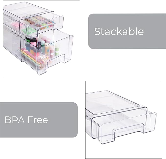 Smart Design Pull-Out Stackable Storage Bin - 9.8" D x 8.25" W x 3" H- Clear
