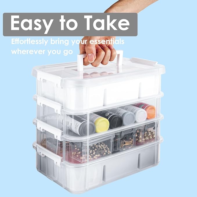 CraftGenes Sewing Storage Organizer, 4-Tier 10 Qt Box with 2 Trays, White | Clear Compartments; Dual Removable Inserts; Carry Handle; Side Latches; Thread, Bobbins, Needles, Beads, Notions