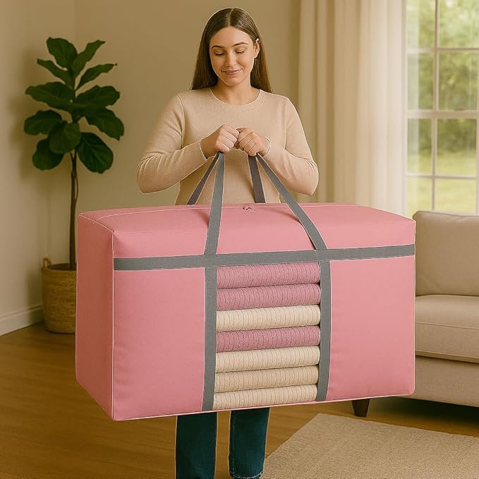 CIVJET 6 Pack Extra Large Moving Bags 90L with Clear Window, Heavy Duty Storage Totes with Zippers & Handles, College Packing Bags for Clothes, Boxes, Camping & Moving Supplies, Pink