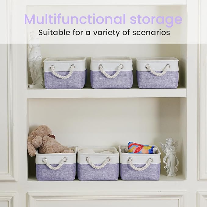 Storage Baskets for Shelves 11.8x7.9x5.2 Inch, Foldable Fabric Storage Bins with Handles, Small Storage Baskets for Organizing Closet, Office, Home Organization (6-Pack, White&Purple)