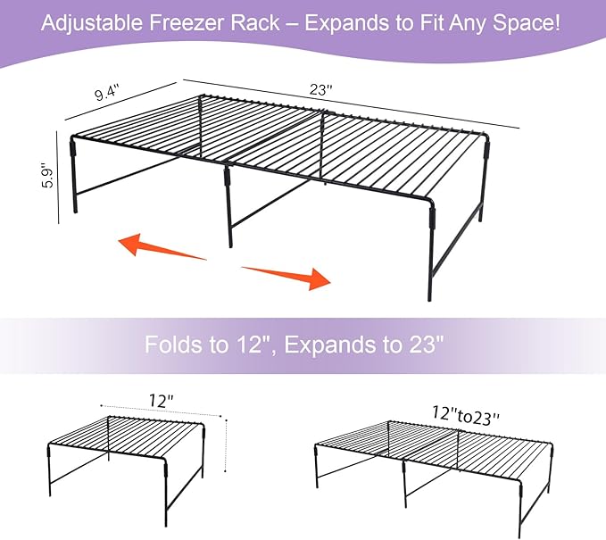 Refrigerator Organizer Freezer Organizer, Expandable Adjustable Kitchen Cabinet Rack for Pantry, Cupboard, Countertop - Space Saving Shelf (Black)