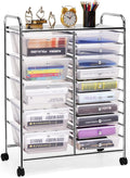 COSTWAY 15 Drawer Rolling Storage Cart, Mobile Storage Organizer | Removable Drawers & Metal Frame, Multipurpose Utility Tools Paper Organizer on Wheels for Home, Office (Transparent)