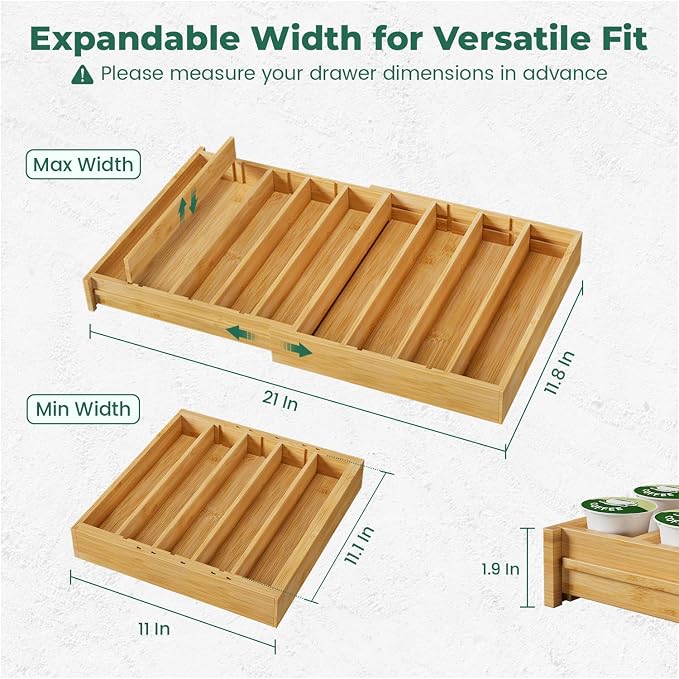 EsLuker.ly Bamboo Coffee Pod K Cup Holder Organizer for Drawer Insert Counter, Expandable Coffee Tea Storage Tray Compatible with Nespresso Vertuo Capsules - Easy Access for Office Home Kitchen