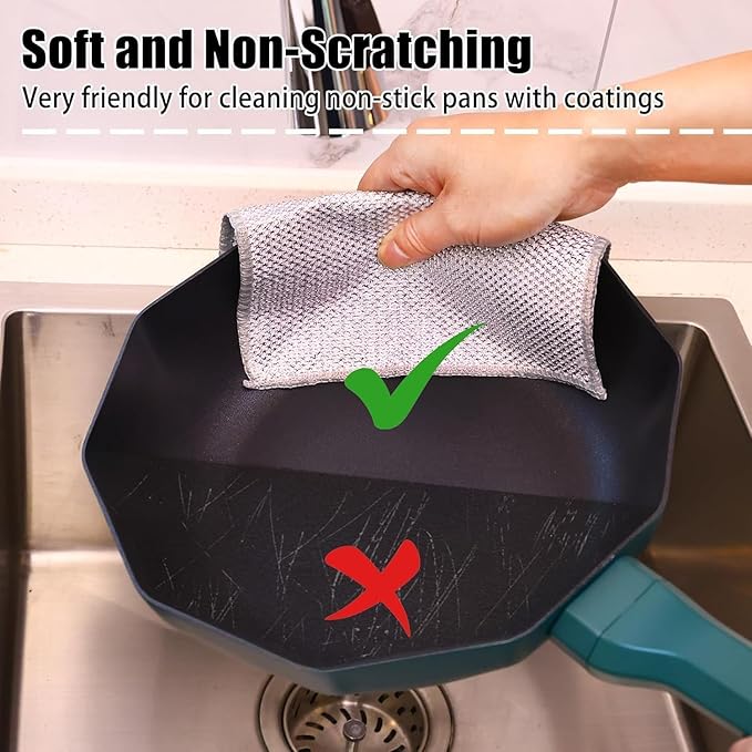 KOOCE Non Scratch Dish Wash Cloth for Kitchen Reusable Non Scratch Wire Dish Cloth Multipurpose Wire Dishwashing Rags for Wet and Dry Cleaning Scrubber Dish Cloth (12 Pcs [Double Layer])
