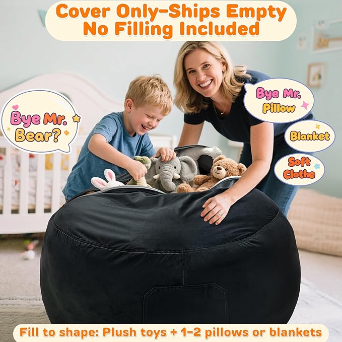 Lukeight Stuffed Animals Storage Bean Bag Chair Cover Only (Ships Empty, No Filling) - Velvet YKK Zipper Beanbag Cover for Big Kids and Teens, Washable Plush Toy Organizer, XX-Large 36" D x 20" H