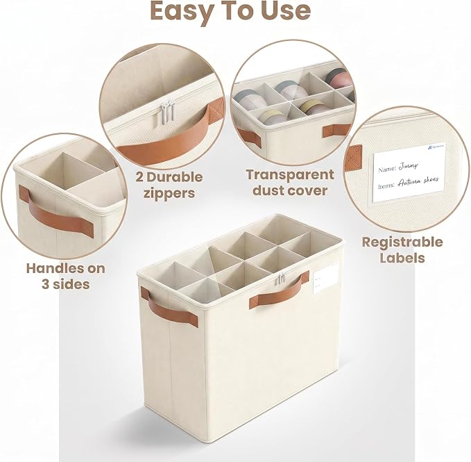 Varhomax Shoe Organizer Box for Closet, Small Fabric Storage Basket 3 Pack | Foldable Shoe Bin with Adjustable Dividers & Clear Cover, Saving Space Sneakers & Sandals Containersfor Entryway, Cubby