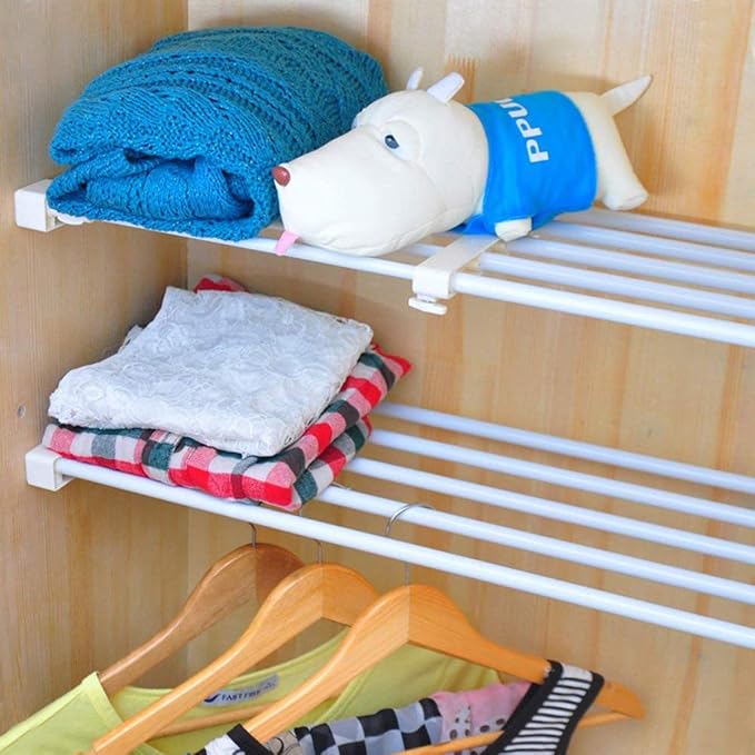 Adjustable Shelf Organizer Expandable Closet Shelf and Rod with No Drilling for Wardrobe Cupboard Kitchen Bookcase (10.3" - 14.9")