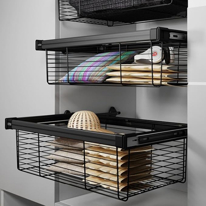 Pull-out Clothes Storage Basket,Stainless Steel Stackable Shelf Baskets Organizer,Stackable Storage Bins with Slide Rails,for Bedroom Office Bathroom(22.44-24.4in)