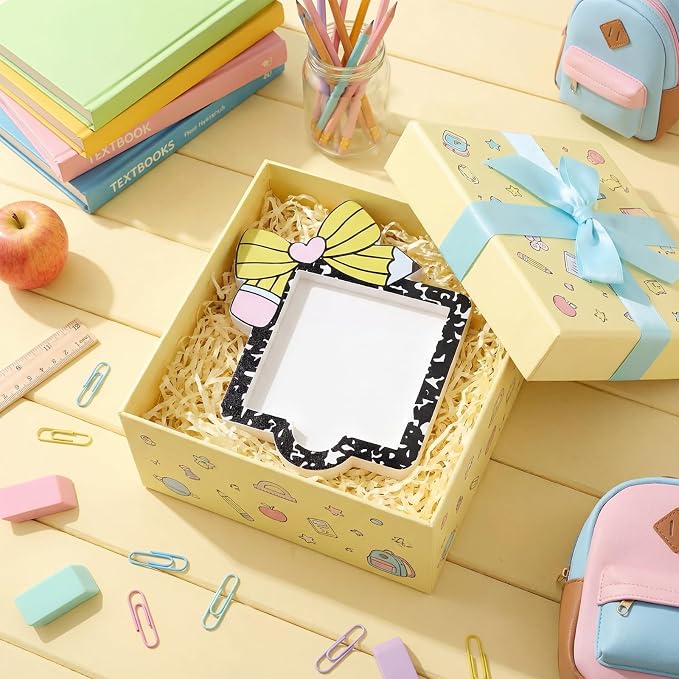 Back to School Sticky Note Holder Pencil Bow Sticky Note Dispenser 3 x 3 Notepads Wood Cow Print Self Stick Memo Pad Holder for Home Office Classroom Teacher Gift, No Pads Included