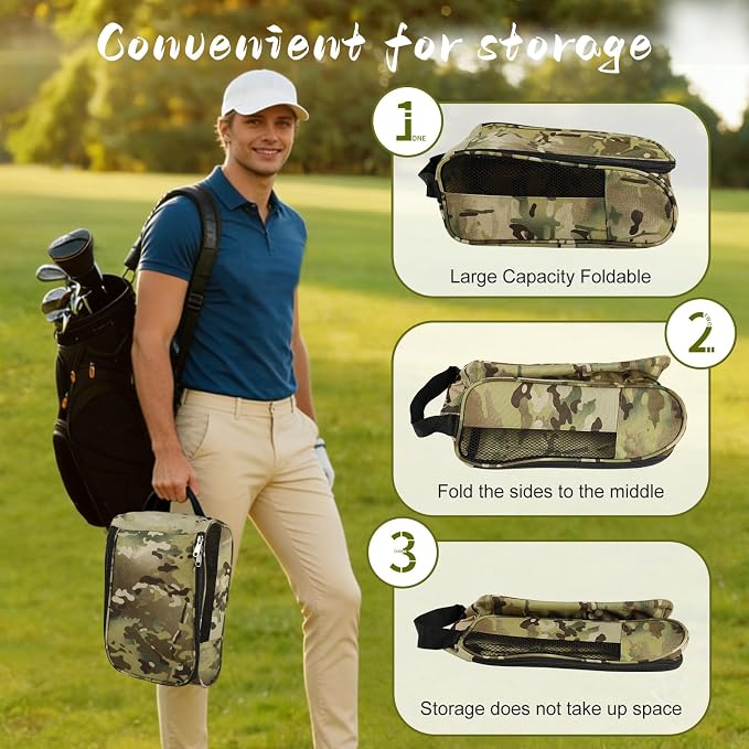 Golf Shoe Bag, Outdoor Zipper Sports Shoe Strap Bag with Air Mesh Ventilation, Durable Waterproof Golf Shoe Carry Bags with Sturdy Handle for Gym, Soccer, Running & Suitcase Packing(Green Camouflage)