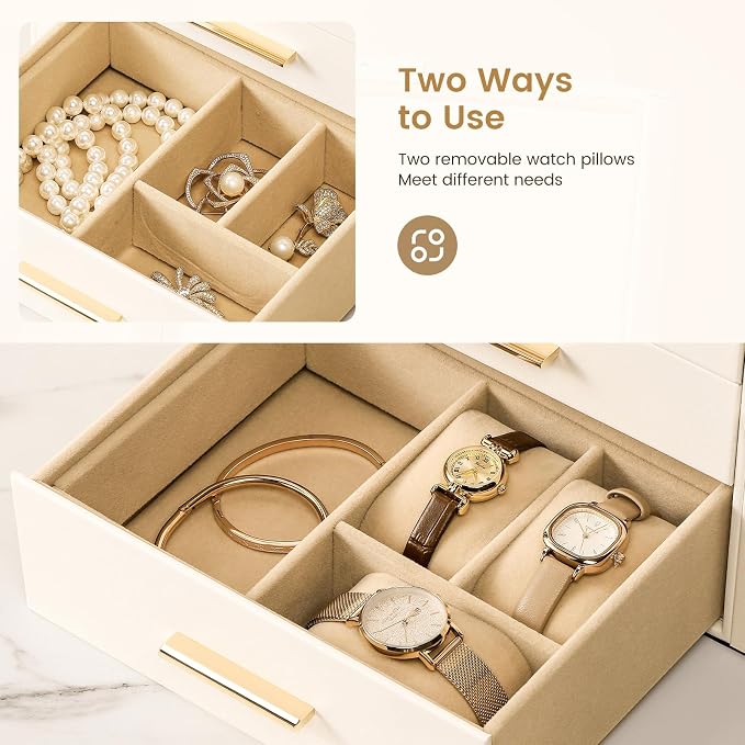 Synthetic Leather Huge Jewelry Box Mirrored Watch Organizer Necklace Ring Earring Storage Lockable Gift Case (White)