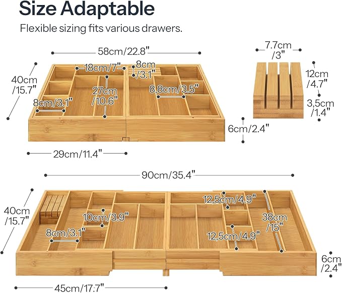 HOOBRO Large Silverware Organizer Kitchen Drawer Organizer, Magnetic Connected Expandable Utensil Organizer From 22.8 to 35.4 Inches, Bamboo 16 Slots Cutlery Tray with Knife Holder, Natural YL07TL01