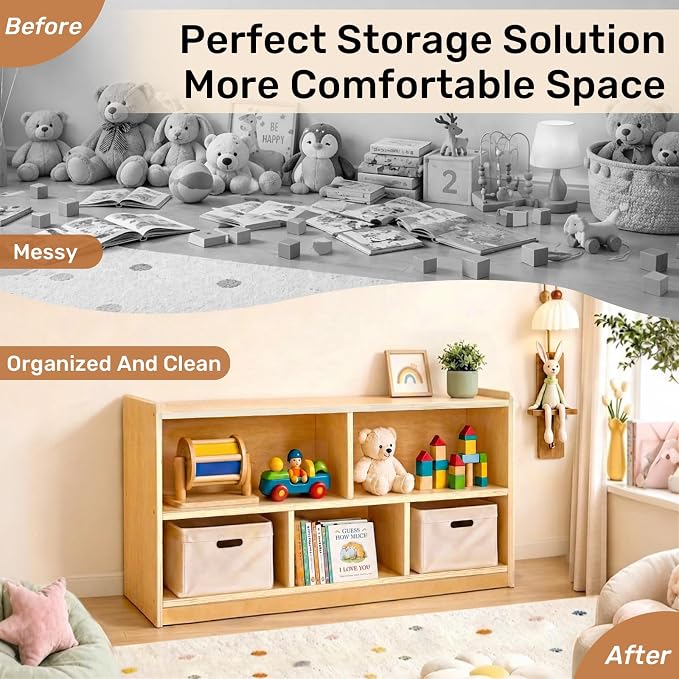 WINGYZ Montessori Bookshelf, 5-Section Wooden Storage Cabinet, Toy Storage Organizer with Kids Bookshelf, FSC Safety Montessori Toy Book Shelf for Kids Rooms, Classroom, Playroom, Daycare, Preschool