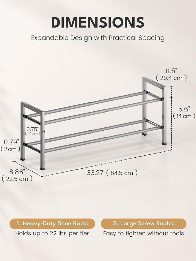 Bumusty 2 Tier Expandable Shoe Rack for Closet, 18“-33” Adjustable Shoe Rack for Small Space, Small Shoe Organizer for Front Door, Sturdy Metal, Light Grey