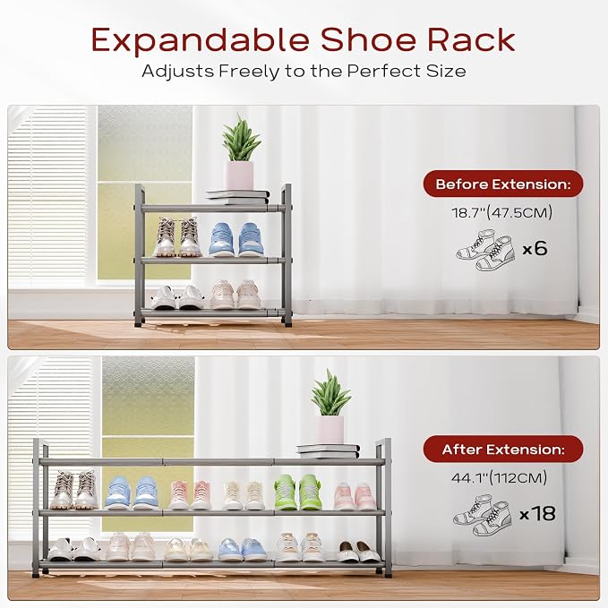 Bumusty 3-Tier Long Expandable Shoe Rack for Closet, 18"-44" Adjustable Shoe Rack for Entryway, 15-18 Pairs Large Shoe Organizer Shelf Storage, Sturdy Metal, Light Grey