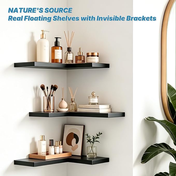 NATURE'S SOURCE Corner Floating Shelves with Invisible Brackets, Corner Shelves Wall Mounted Set of 3, Bedroom Bathroom Kitchen Living Room Office- Gothic Style 16.6" x 6" (Black)