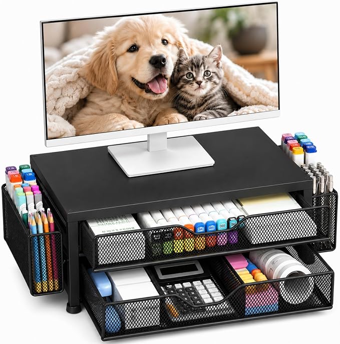 OPNICE Desk Organizer and Accessories, 2-Tier Computer Monitor Stand Riser with Drawer and 2 Pen Holders, Laptop Stand, Office Desk Accessories for Office Supplies, Black-2D