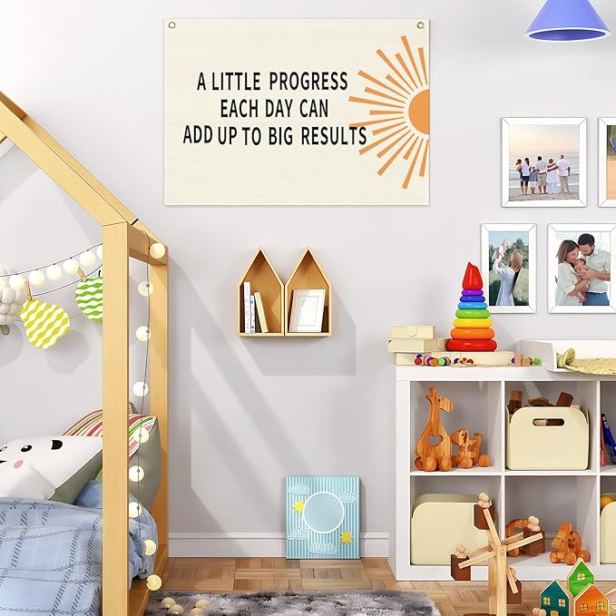 Classroom Wall Flag Decor-Teacher Gift-Inspirational Back to School Wall Banner Decor-A Little Progress Each-Hanging Rectangular Canvas Banner for Classroom Teacher Office Reading Corner-28.5x20 In