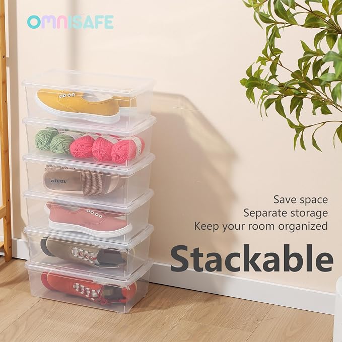 Stackable Plastic Storage Shoebox,Clear Bins (Transparent 8Pack) | BPA-Free, Nestable, Home and Office, Latching Lid, Multi-Purpose