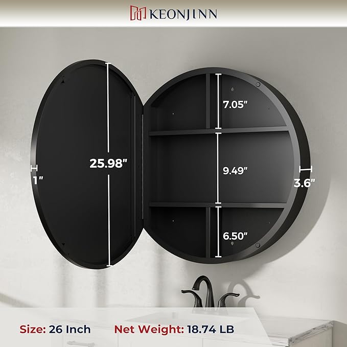 Keonjinn 26 in Round Black Black Medicine Cabinet with Mirror, Surface Mount Metal Frame Mirror Medicine Cabinet, Farmhouse Bathroom Cabinet with Circle Wall Mounted Vanity Mirror Detachable Shelves