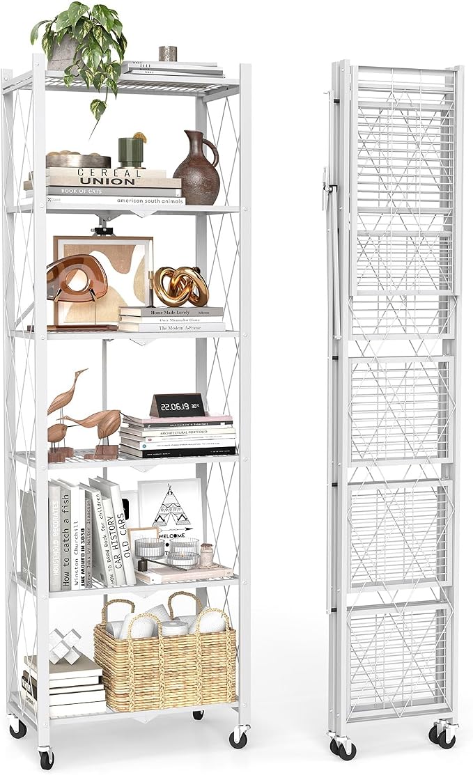 6 Tier Foldable Storage Shelves with Wheels -No Assembly Metal Folding Shelves Collapsible Shelving Unit Display Heavy Duty Rolling Shelf for Home Kitchen Office Room (White, 73" x 14" x 23")