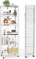 6 Tier Foldable Storage Shelves with Wheels -No Assembly Metal Folding Shelves Collapsible Shelving Unit Display Heavy Duty Rolling Shelf for Home Kitchen Office Room (White, 73" x 14" x 23")