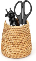 Wicker Rattan Pencil Holder, Handwoven Natural Rattan Pen Cup Organizer, Natural Brown Desk Accessory for Office/Vanity/Kitchen, 1-Pack