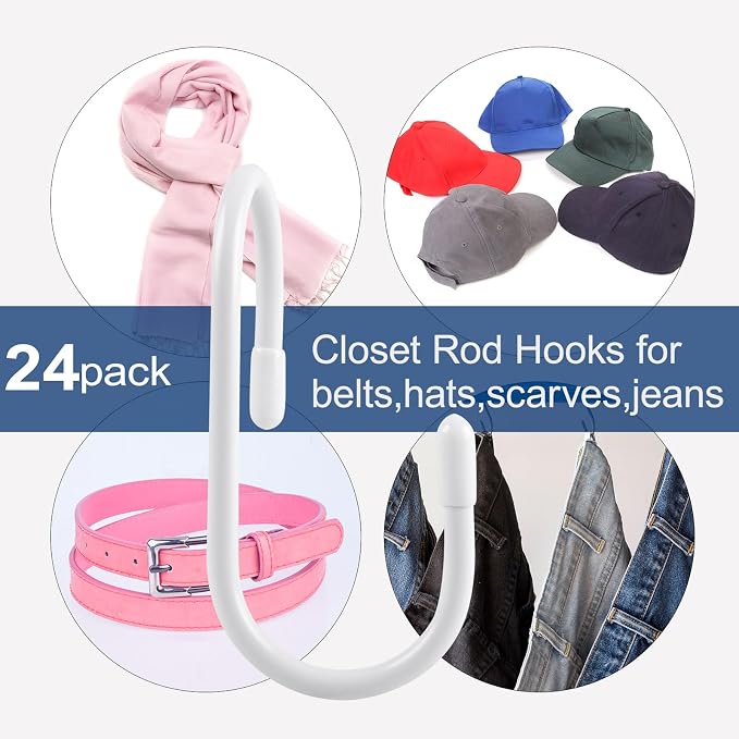 24 Pack Purse Hanger for Closet, Twist Design Hooks, Vinyl Coated Organizer, Large S Hooks for Hanging Bags, Purses, Handbags, Belts, Scarves, Hats, White