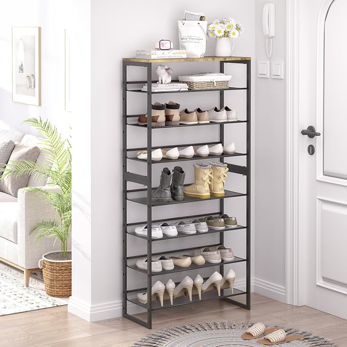 Garden 4 you Shoe Rack 8 Tiers Shoe Storage Organizer,Large Capacity Storage Rack with Brown Wooden Tabletop,Adjustable Metal Shelf Stackable Shoe Shelf for Entryway Hallway Living Room Closet