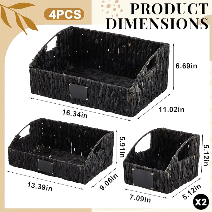 Wonderjune 4 Pcs Water Hyacinth Storage Basket Set Boho Wicker Rattan Pantry Basket with Chalkboard Label Handles Woven Container Kitchen Laundry Large Small for Shelf Food Home Bathroom Decor(Black)