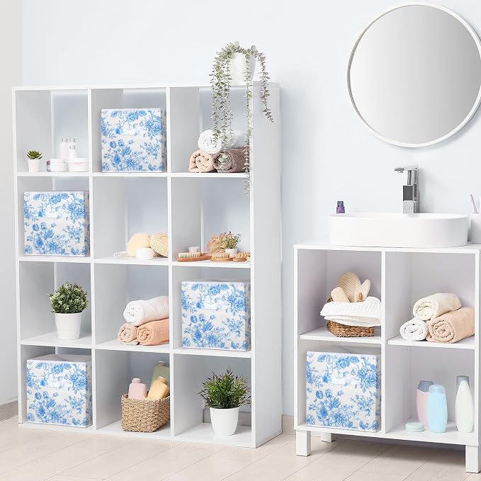 Geelin 6 Pcs Blue Floral Cube Storage Bins 11 Inch Blue Flower Storage Basket with Handle, Preppy Girls Organizer Basket, Collapsible Fabric Box for Classroom Bedrooms Office Home Decoration Gift