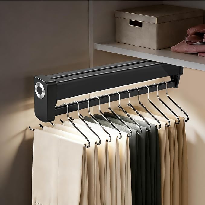 Pull Out Closet Valet Rods with LED Lighting, Slide Out Steel Pants Rack | Adjustable Heavy Duty Trouser Rack, Retractable Pants Hangers Top Mounted with Built-in Lithium Battery (350mm/13.7inch)